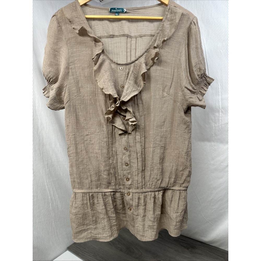 Ruffled Med large Blouse Brown Ruffled Sleeveless‎ Button Up Elastic Waist Gauze